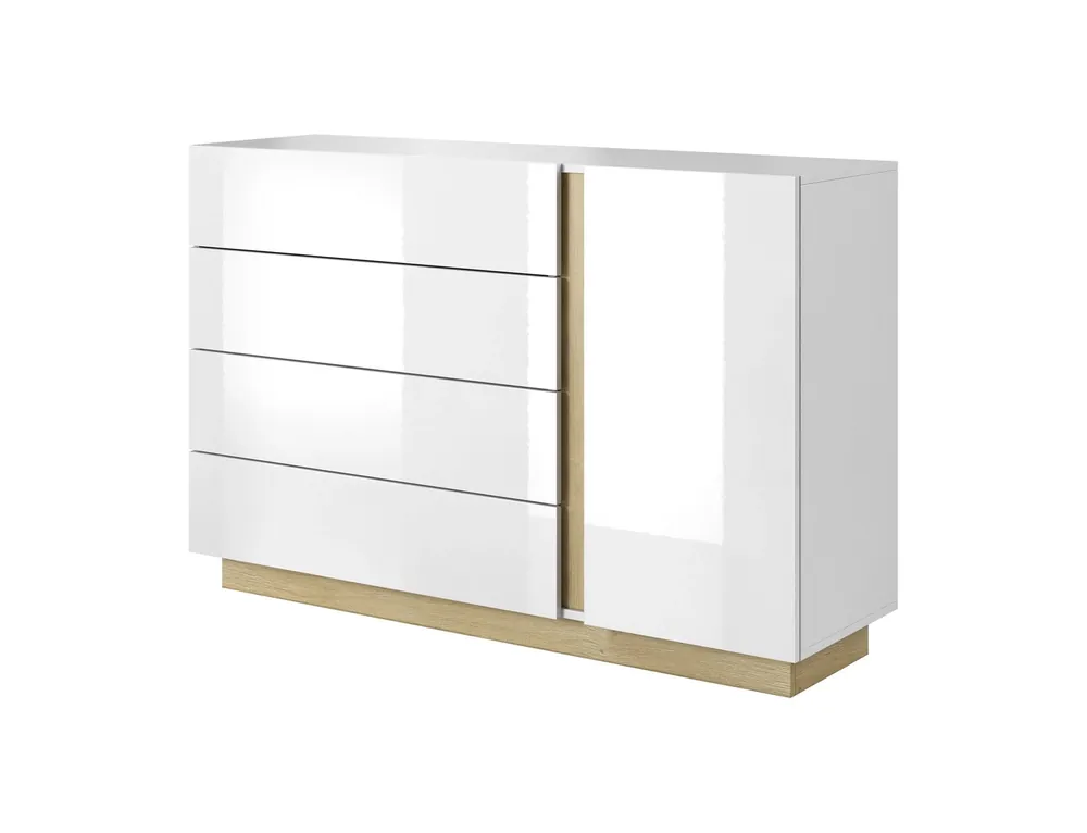 Sofort Bestellen Kommode mit Schubladen Adria 138 cm glänzend weiß / Eiche Enkel moderne Möbel Design Kommode Kante mit speziellen ABS-Furnier fertig