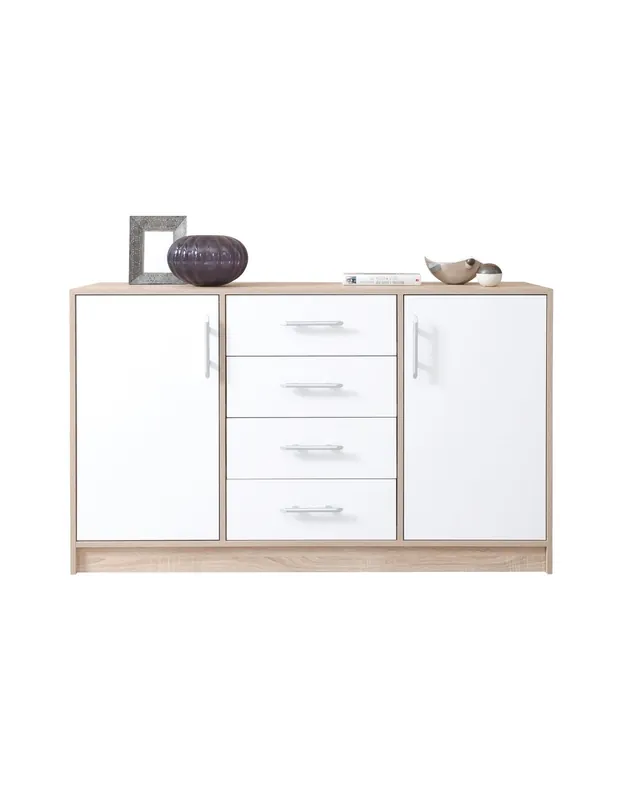 Nur Heute Kommode mit Schubladen Caspe 140 cm helle Sonoma-Eiche / weiß modernes Möbeldesign Kommodenkante mit speziellem ABS-Furnier verarbeitet