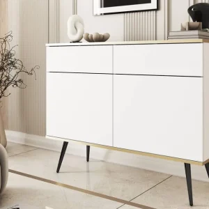 Abverkauf Schubladenkommode Luxury 107 cm weiß modernes Design Wohnzimmer Kommode Körper mit Gold trim schwarzen Metallbeinen gekrönt
