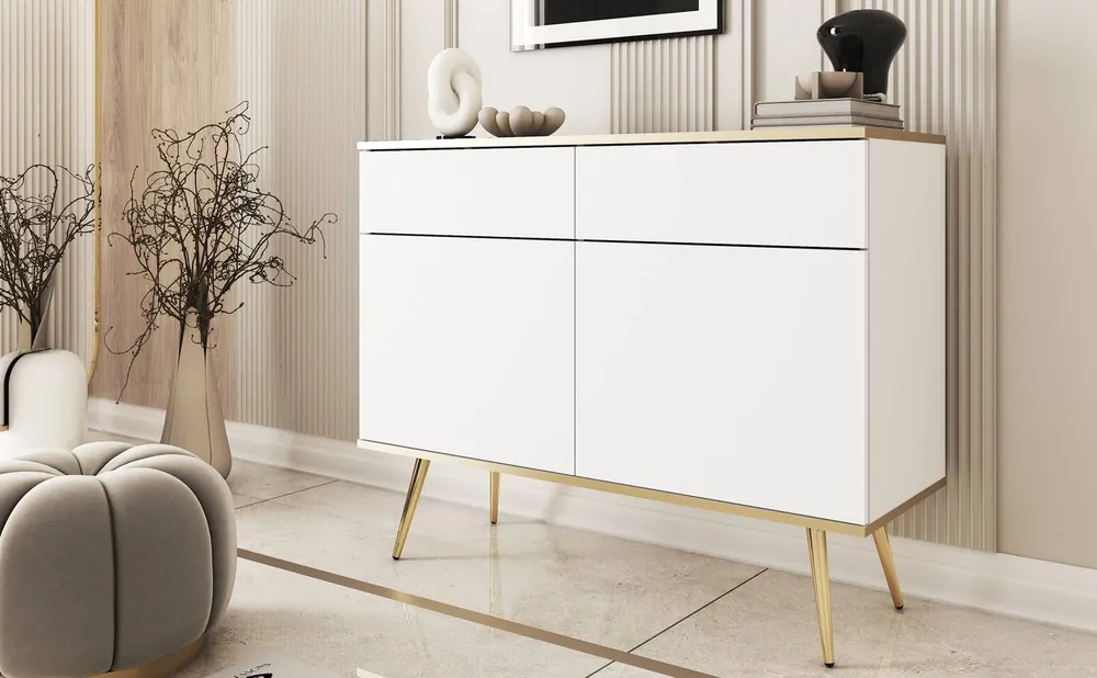 Letzte Chance Kommode mit Schubladen Luxury 107 cm weiß modernes Design Wohnzimmer Kommode Körper mit Gold trim hohe Metallbeine gekrönt