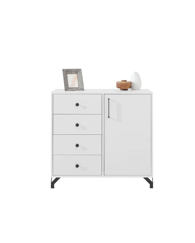 Jetzt Kaufen Kommode mit Schubladen Skien 90 cm weiß glänzend elegantes Design einfache Form der Möbel mit stilvollen Metall-Elemente bereichert schwarze Beine