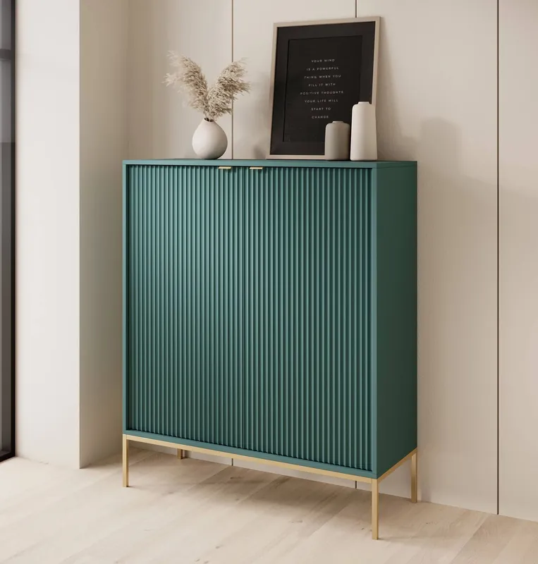 Super-Preis Kommode Lovro 104 cm pastellgrüne in modernem Design mit Goldverzierung wird Liebhaber ausdrucksstarker Innenräume begeistern