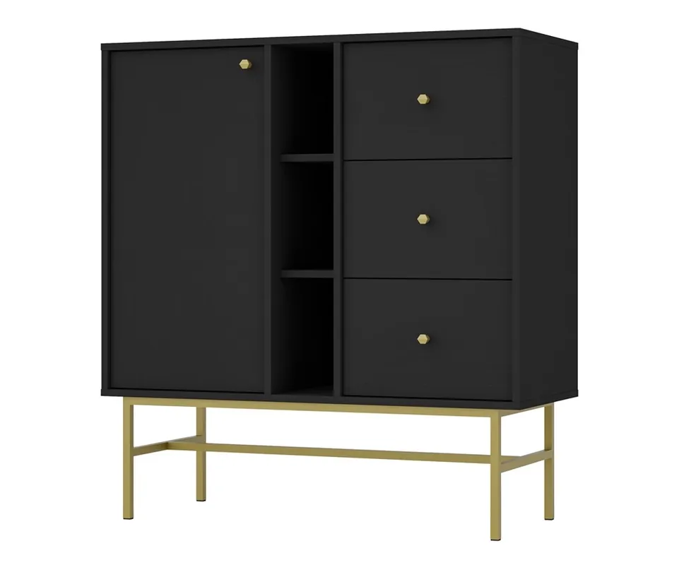 Sichere Zahlung Schubladenkommode Kioto III 100 cm schwarz graphit modernes Design praktische Einlegeböden goldene Griffe stabiler Metallrahmen