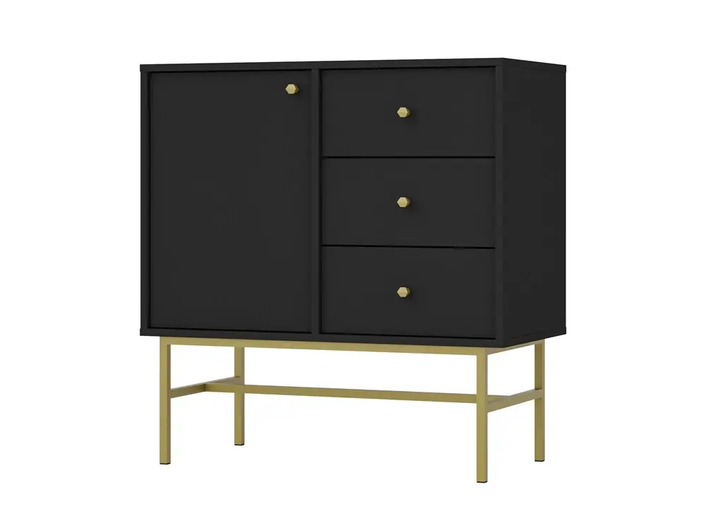Markenware Kommode Kioto III 84 cm schwarz graphit modernes Design dezente goldene Griffe Metallrahmen ideale Kommode für das Wohnzimmer