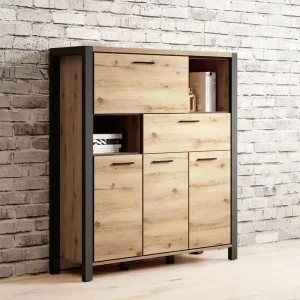 Aktiv Hochkommode 120 cm Eiche taurus / schwarz Designerkommode mit Schublade im Industriestil schwarze Metallgriffe Heißes Angebot