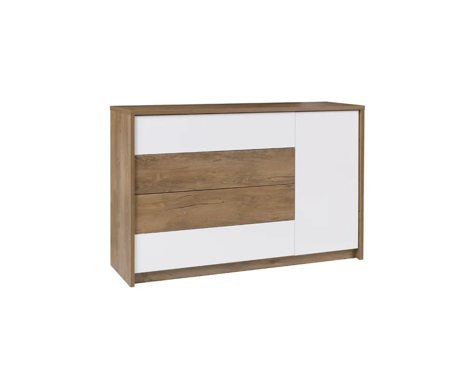 Kommode Latika 137 cm Burgunder Eiche / weiß modernes Möbeldesign Kommodenkante mit speziellem ABS-Furnier Türen und Schubladen Push-to-Open-System Preis Gesenkt