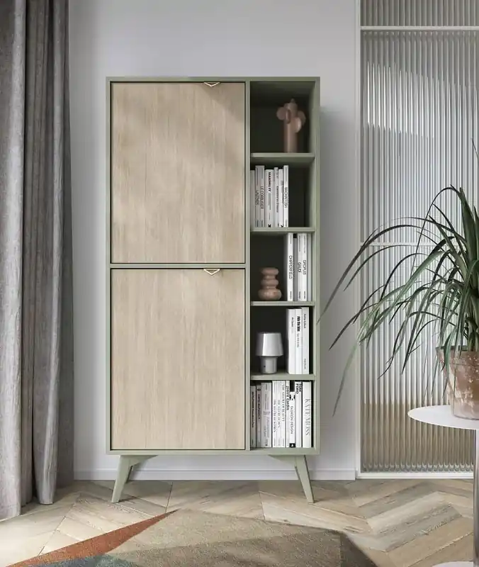 Bücherregal Wald 80 cm Eukalyptus / Beige Fischgrät skandinavisches Design stabil hohe Beine Bücherregal mit Türen für Wohnzimmer geschmackvolles Fischgrätenmuster Jetzt Kaufen