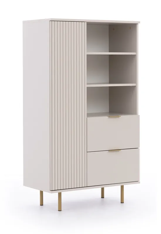 Aktuell Hochkommode Sula 80 cm beige elegante und funktionelle Kommode mit geriffelter Front, die mit Metallgriffen verziert ist