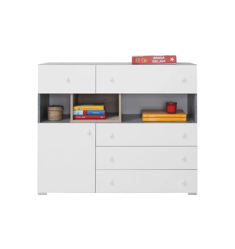 Kommode Epsilon 110 cm Beton / weiß / Eiche ideal für das Jugendzimmer funktional und geräumig Billig