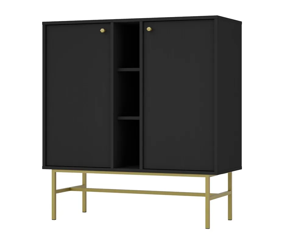 Markenware Kioto III Kommode 100 cm schwarz graphit modernes Design praktische Einlegeböden goldene Griffe Metallrahmen