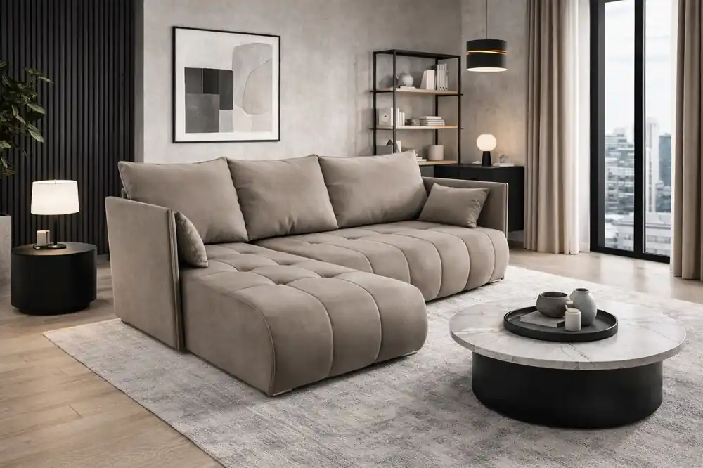 Preisknaller Ecksofa mit Schlaffunktion Selva dunkelbeige universal seite Ecksofa mit Bettzeugablage aus Stoff mit Plüschoberfläche