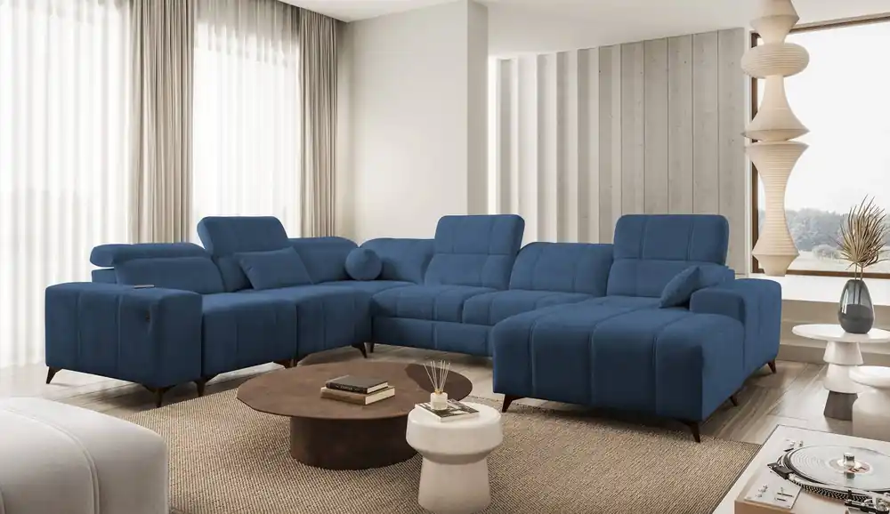 Top-Seller Ecksofa mit Schlaffunktion Penejos VIII blau rechtsseitig stilvolles Ecksofa aus strapazierfähigem Stoff
