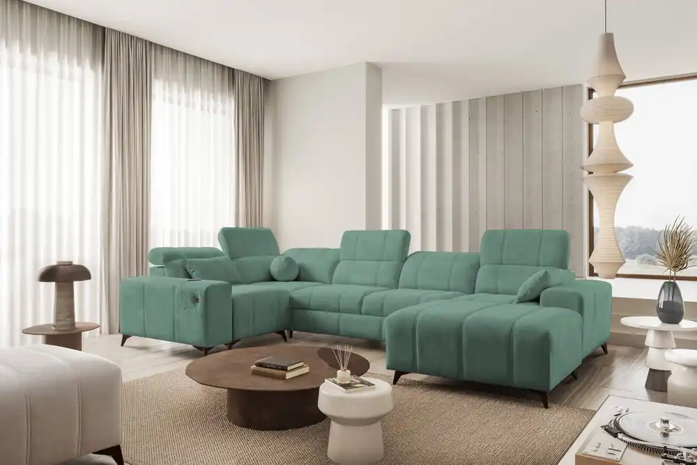 Ecksofa mit Schlaffunktion Penejos IV grün rechtsseitig stilvolles Ecksofa mit zwei Bettkästen strapazierfähiger Stoff Sonderangebot