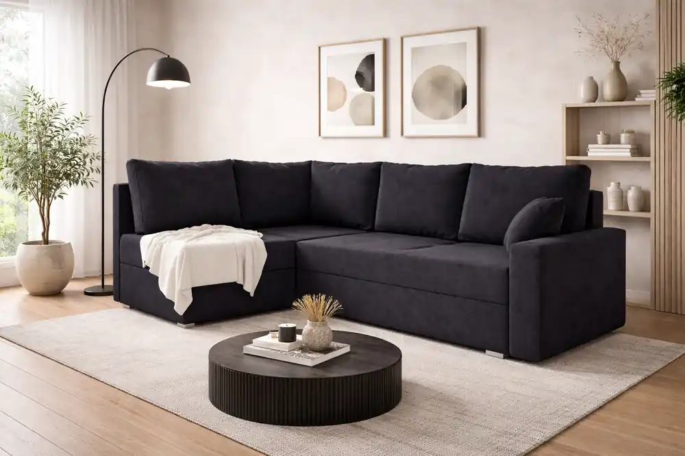 Saisonangebot Ecksofa mit Schlaffunktion Nofi schwarz links modernes Design ein schlichter und stilvoller Korpus, der in jede Einrichtung passt