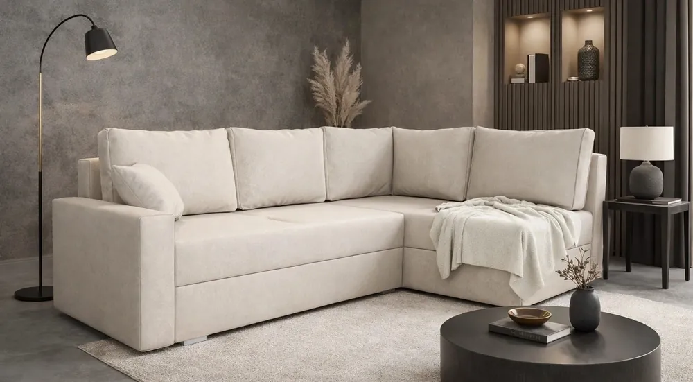 Markenprodukt Ecksofa mit Schlaffunktion Nofi hellbeige rechts modernes Design ein schlichter und stilvoller Korpus, der in jede Einrichtung passt