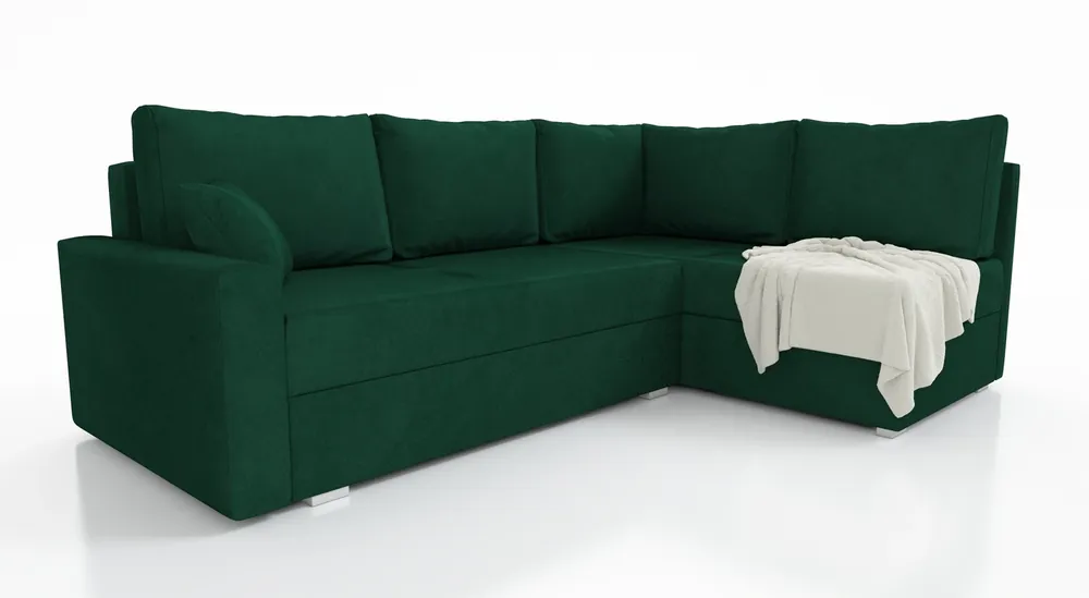 Ecksofa mit Schlaffunktion Nofi Flasche grün rechts Seite modernes Design einfacher und stilvoller Körper, der in jede Inneneinrichtung passt Direktkauf