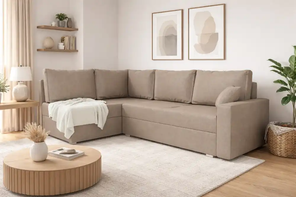 Ecksofa mit Schlaffunktion Nofi dunkelbeige links modernes Design ein schlichter und stilvoller Korpus, der in jede Einrichtung passt Top-Preis
