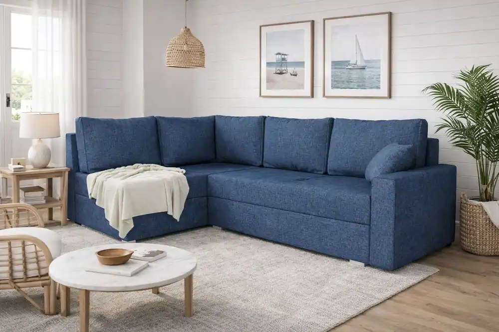 Ecksofa mit Schlaffunktion Nofi blau links modernes Design ein schlichter und stilvoller Korpus, der in jede Einrichtung passt Preisreduziert