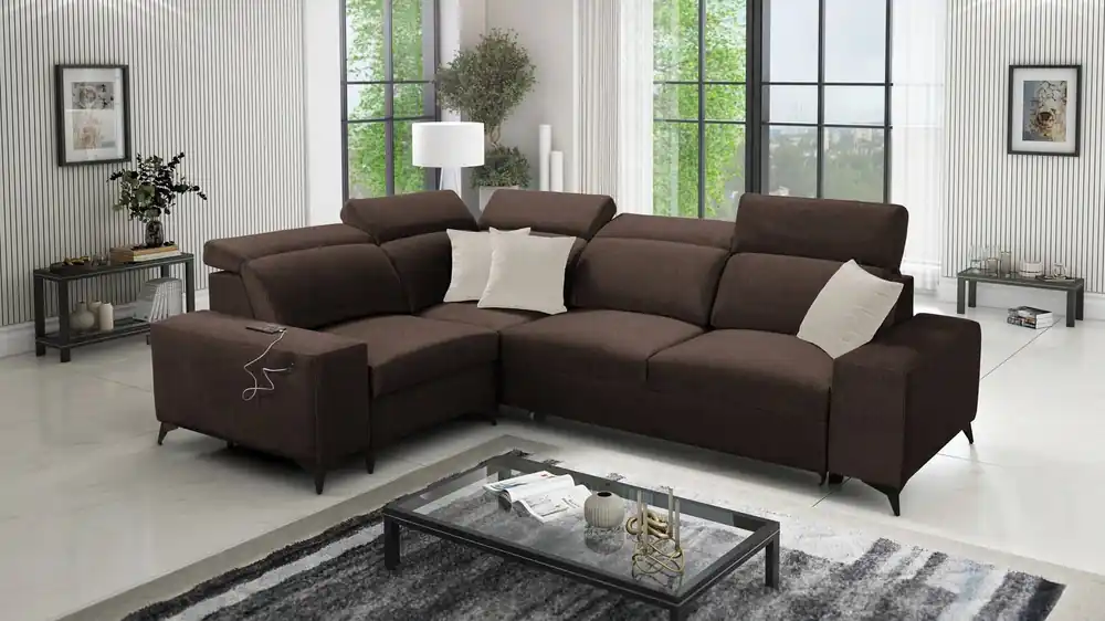 Ecksofa mit Schlaffunktion Kelly Sleek II schokoladenbraun linke Seite elegantes Ecksofa für Wohnzimmer aus gewebtem Stoff Kracherpreis