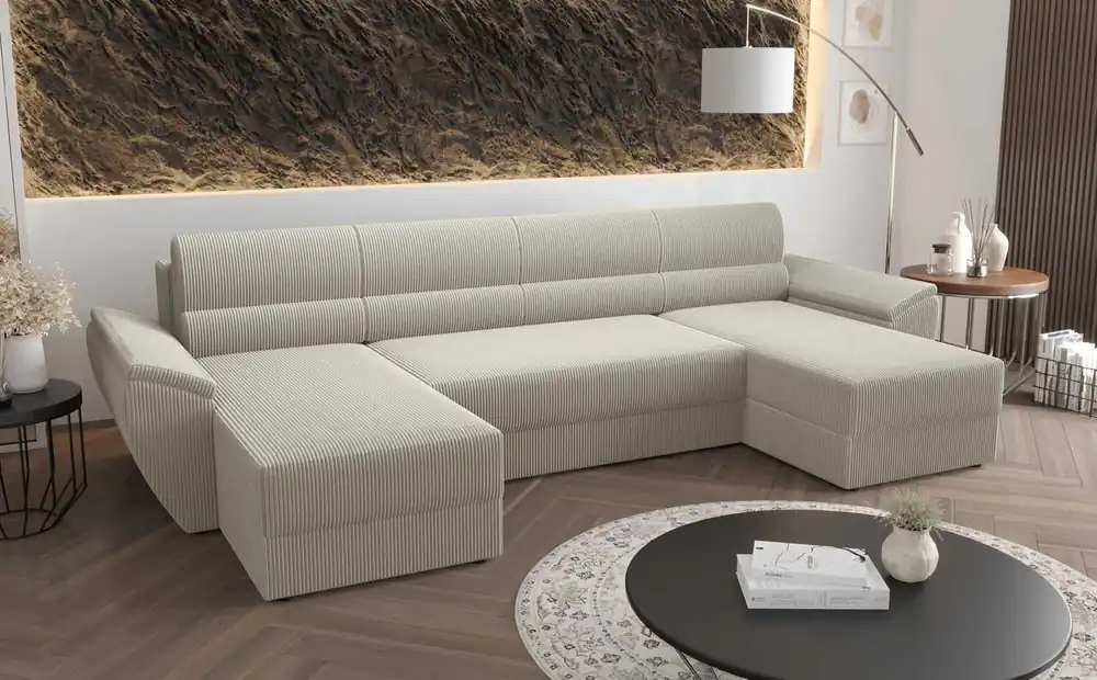 Nur Heute Ecksofa mit Schlaffunktion Fogu U II elfenbeinfarben bequemes Ecksofa mit bequemen Armlehnen interessanter Designcontainer für Bettzeug