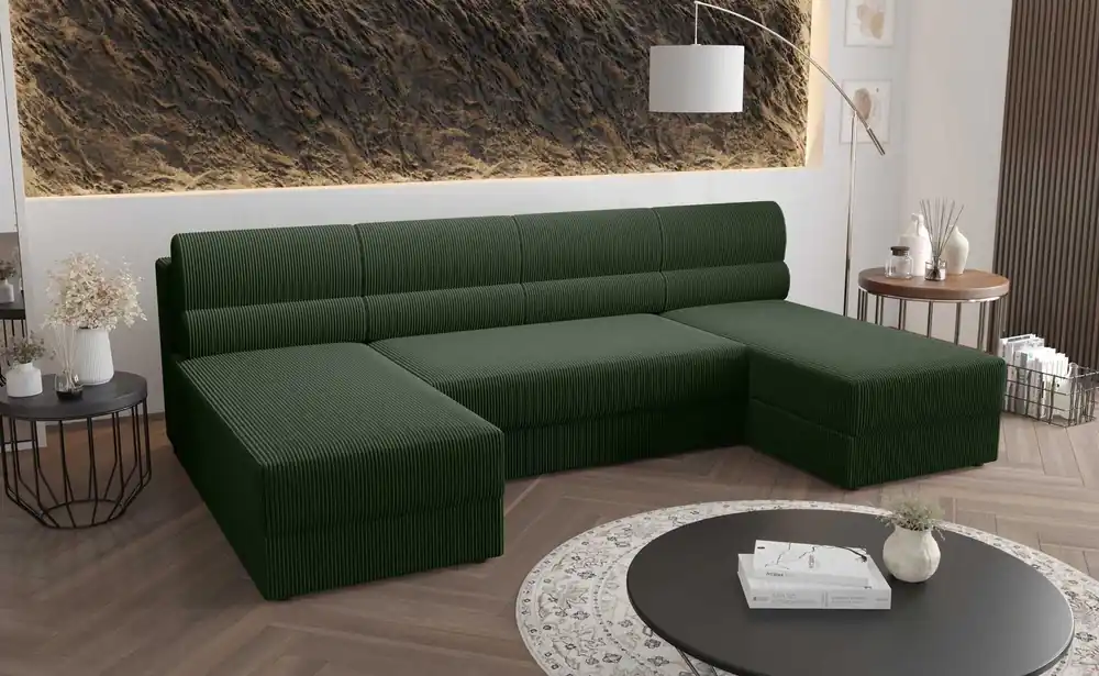 Ecksofa mit Schlaffunktion Fogu U grün komfortables und stilvolles Ecksofa mit einfachem Design Kordstoff Bettzeug Container Letzte Chance