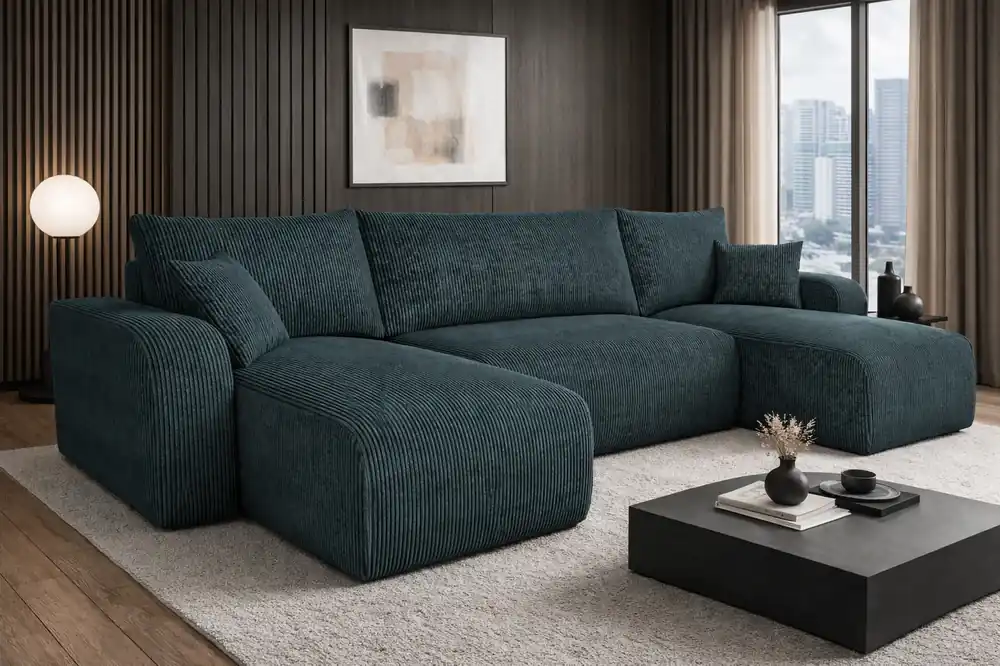 Schneller Versand Ecksofa mit Schlaffunktion Fiesta U grau stilvolles Ecksofa mit interessanter Form strapazierfähiger Kordstoff Bettzeugcontainer