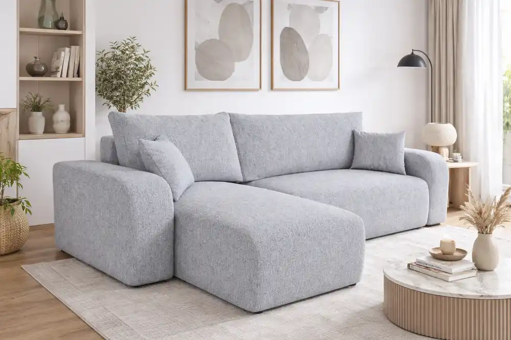 Neu Im Sortiment Ecksofa mit Schlaffunktion Fiesta grau Esche universal Ecksofa für Wohnzimmer geflochtener Stoff Bettzeug Container