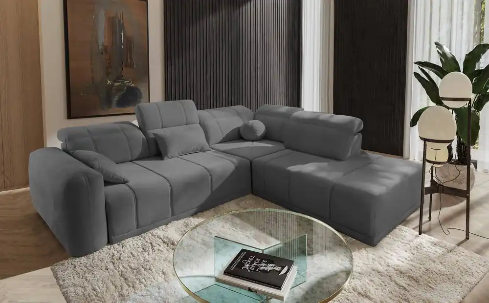 Ecksofa mit Schlaffunktion Cetara VII grau rechts Hochwertiges Ecksofa für den Wohnbereich mit bequemer Schiebelehne Neu Im Sortiment