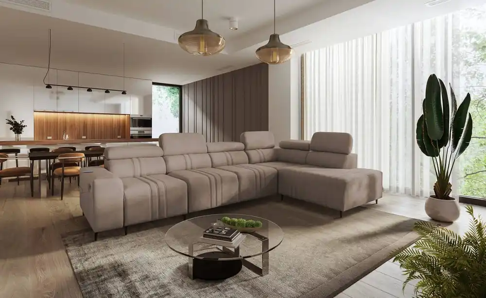 Ecksofa mit Schlaffunktion Castel XI hellbraun rechte Ecke mit Bettzeugablage strapazierfähiger Stoff Sonderangebot