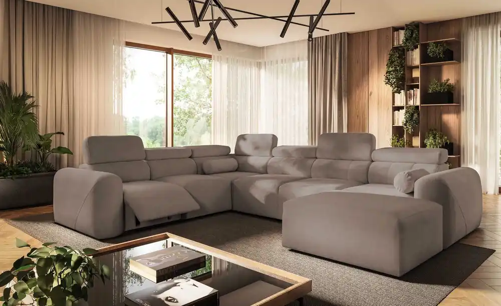 Geprüft Ecksofa mit Schlaffunktion Cantare VIII Lux dunkelbeige rechts Designer Ecksofa mit elektrischer Fußstütze