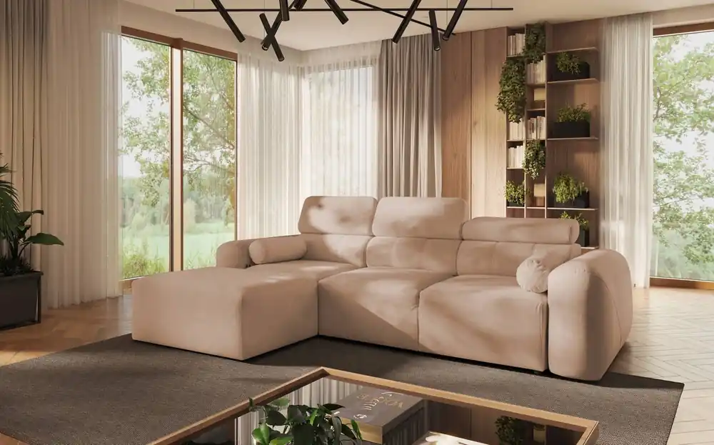 Ecksofa mit Schlaffunktion Cantare Lachs links funktionelles und bequemes Ecksofa mit modernem Design Plüschstoff Beliebt