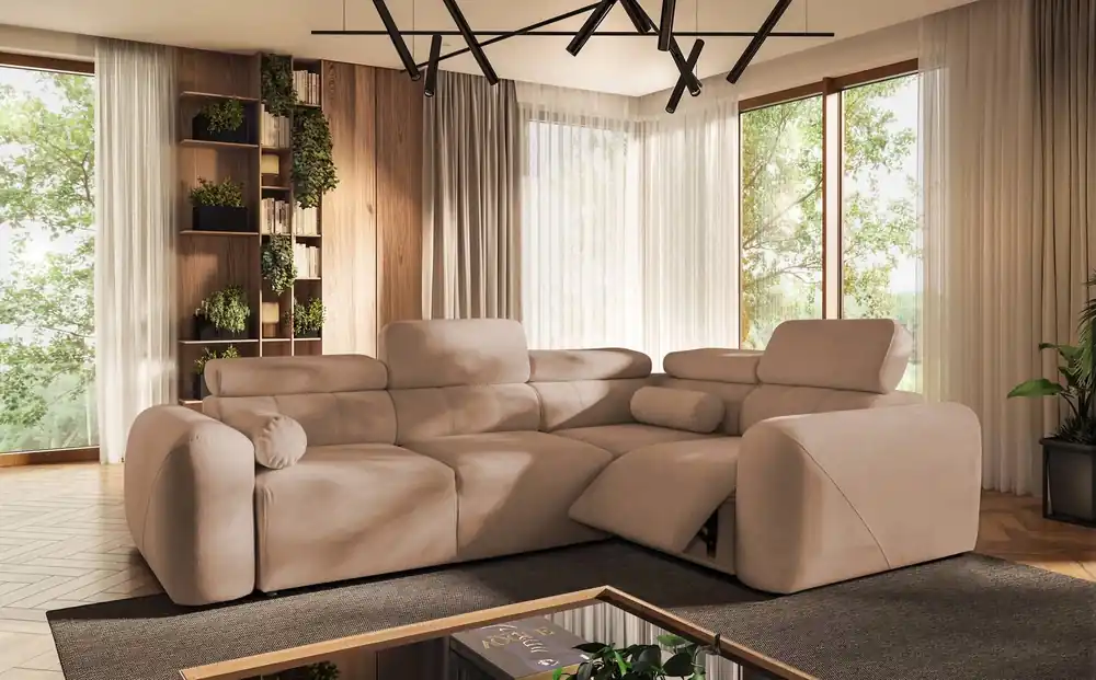 Jetzt Bestellen Ecksofa mit Schlaffunktion Cantare II Lux Lachs rechts bequemes Ecksofa für Wohnzimmer mit Lift Fußstütze weicher Stoff