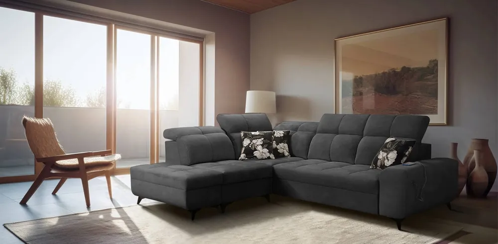 Ecksofa mit Schlaffunktion Buffalo VII gafit linke Seite stilvolles Ecksofa mit Bettzeugcontainer Velourstoff Jetzt Kaufen