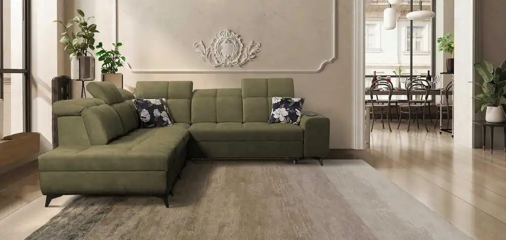 Top-Preis Ecksofa mit Schlaffunktion Buffalo IX olivgrün links stilvolles Ecksofa für Zimmer aus Velourstoff Zierkissen