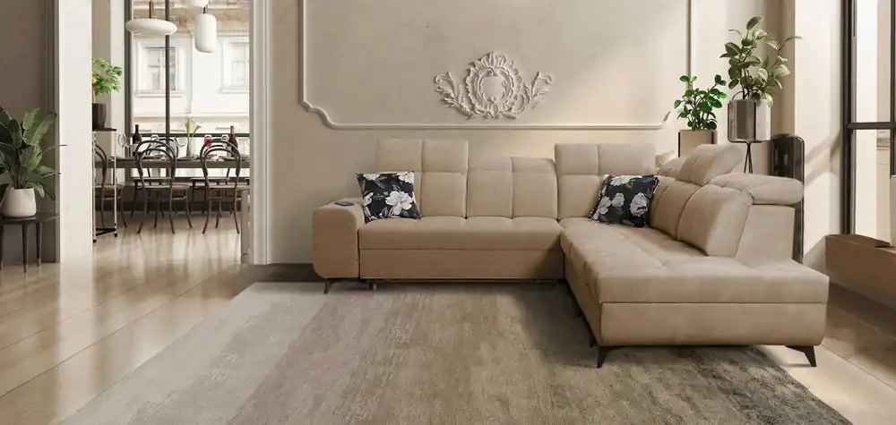 Markenprodukt Ecksofa mit Schlaffunktion Buffalo IX dunkelbeige rechte Seite stilvolles Ecksofa für Zimmer aus Velourstoff Zierkissen
