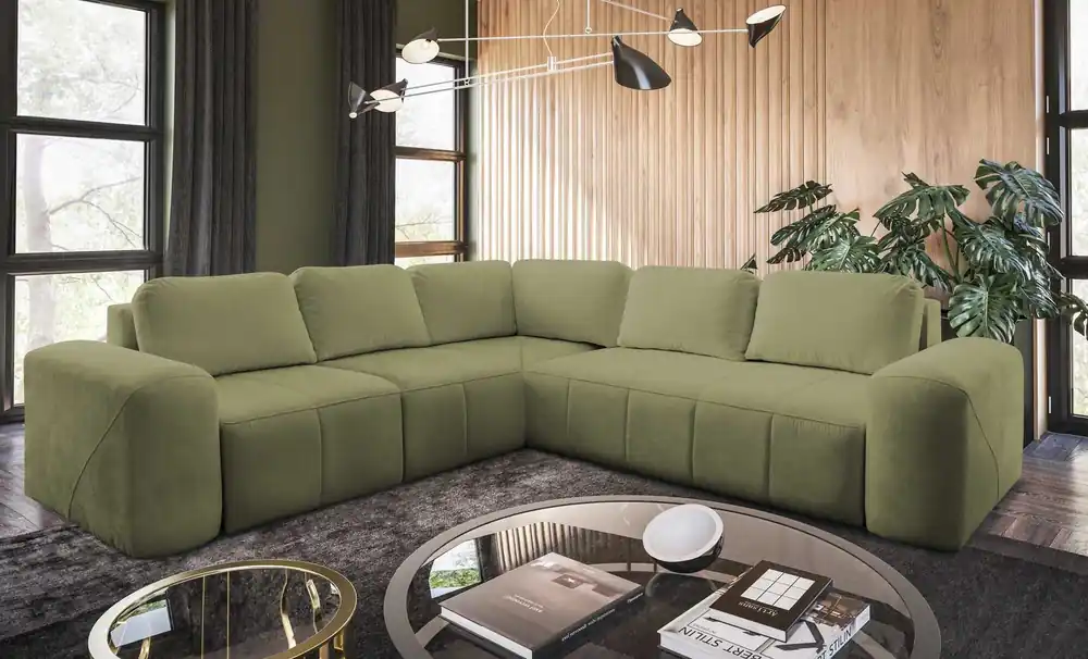Aktuell Ecksofa mit Schlaffunktion Bovec III grüne Olive links äußerst stilvolles Eckschlafsofa perfekt für ein geräumiges Wohnzimmer