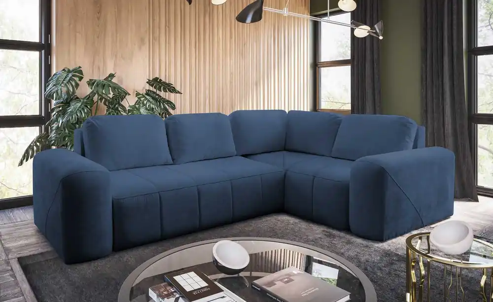 Ecksofa mit Schlaffunktion Bovec II blau rechts Komfort-Ecksofa mit stilvollem Charakter-Bettcontainer Heißes Angebot