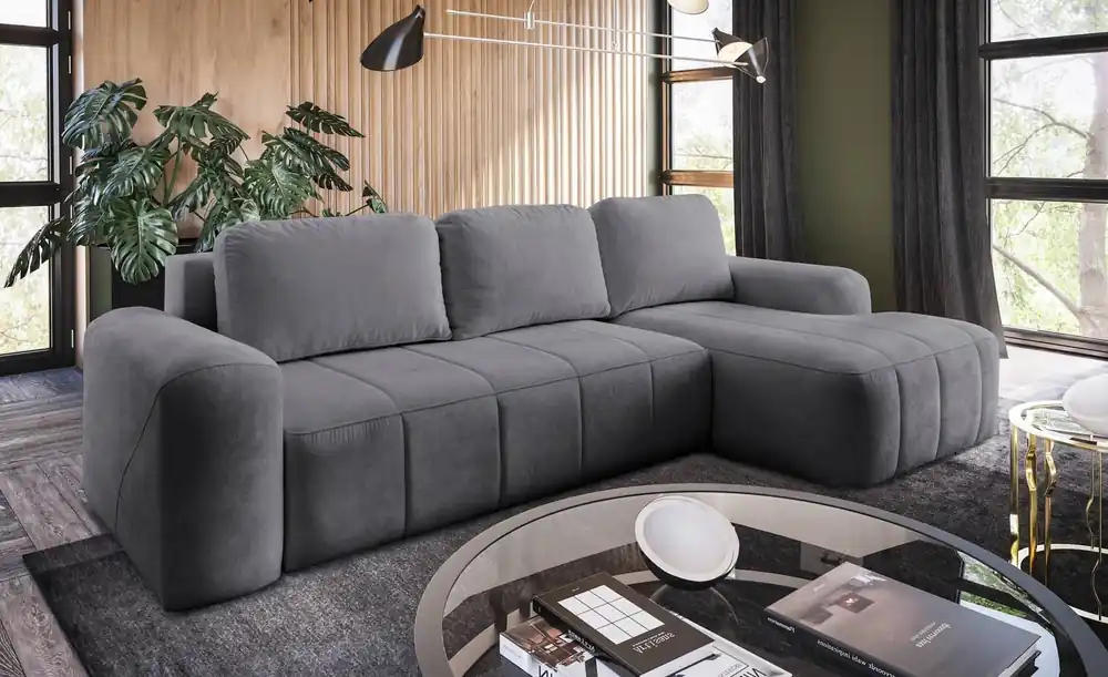 Expressversand Ecksofa mit Schlaffunktion Bovec grau rechte Seite stilvolles Ecksofa mit ergonomischer Form hydrophobem Stoff