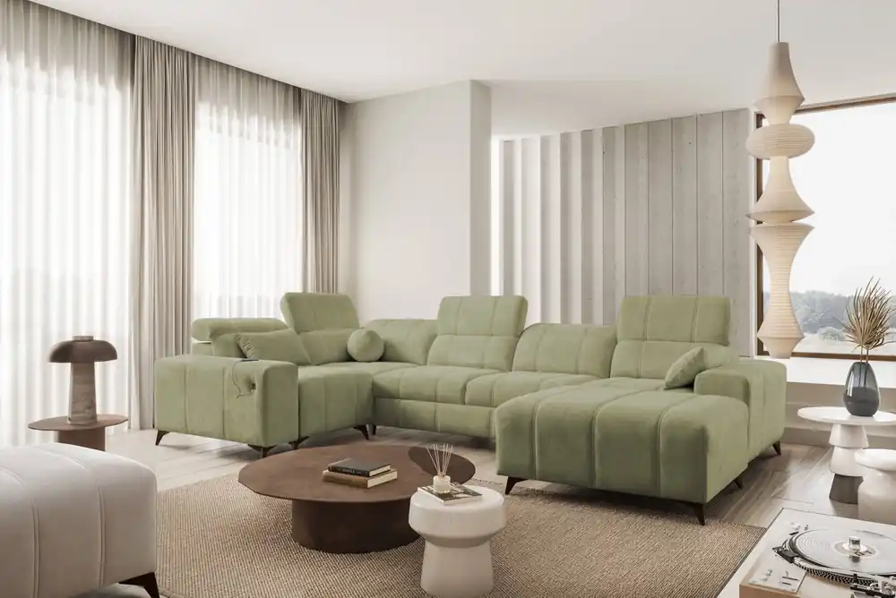 Penejos IV Ecksofa mit Schlaffunktion olive rechts stilvolles Ecksofa mit zwei Bettkästen strapazierfähiger Stoff Highlight