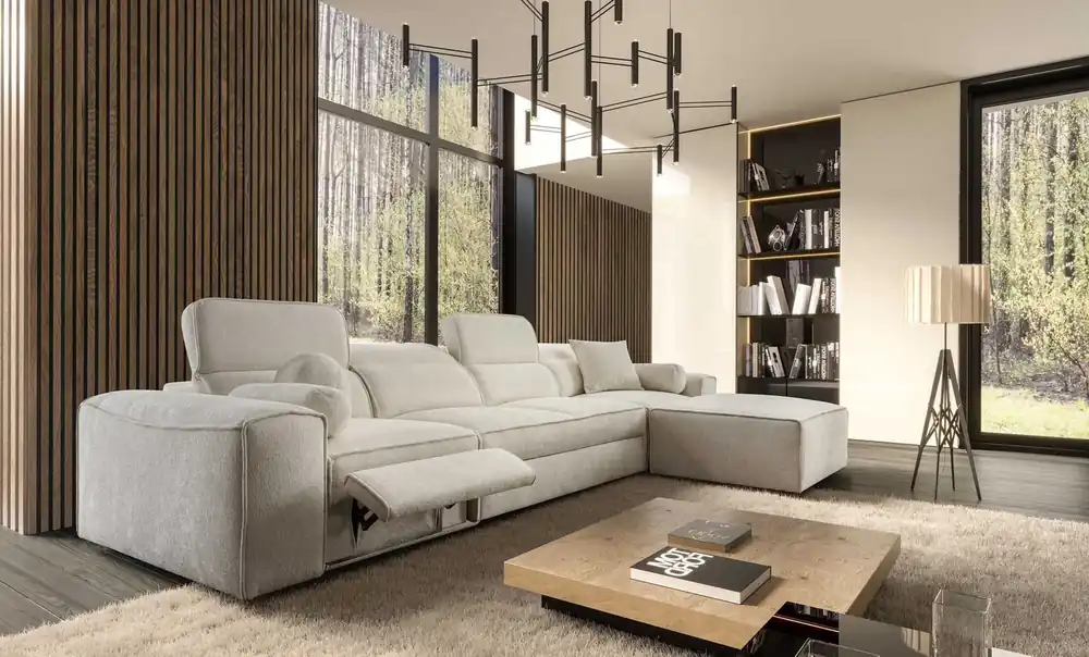 Geprüft Ecksofa mit Schlaffunktion Viano XII Lux creme rechtsseitiges Designer-Ecksofa für das Wohnzimmer mit bequemer ausziehbarer Fußstütze