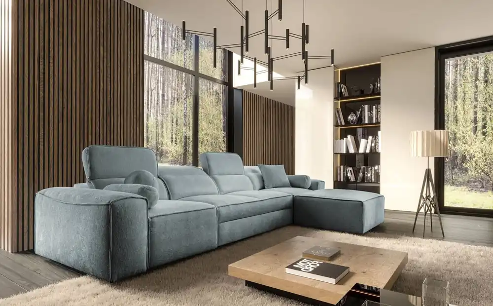 Jetzt Kaufen Ecksofa mit Schlaffunktion Viano XII grau blau rechtes Ecksofa mit interessanter Form verstellbare Kopfstützen Zierkissen