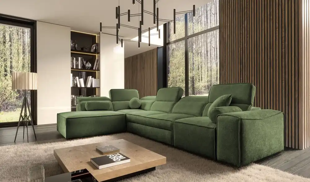 Ecksofa mit Schlaffunktion Viano XI grün linksdrehend modisches und stilvolles Ecksofa mit verstellbaren Kopfstützen Zierkissen Top-Seller