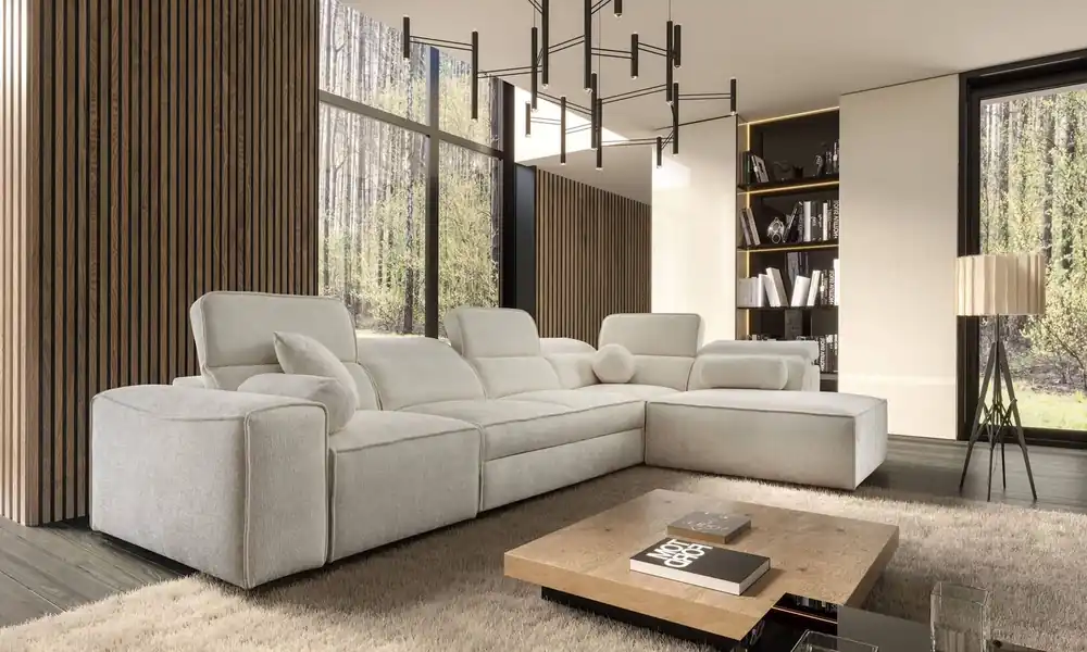 Sale Ecksofa mit Schlaffunktion Viano XI creme rechte Ecke trendig und stilvoll mit verstellbaren Kopfstützen Zierkissen