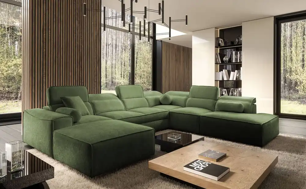 Ecksofa mit Schlaffunktion Viano X grün linke Seite Designer-Ecksofa für Wohnzimmer im modernen Stil verstellbare Kopfstützen Finale Aktion