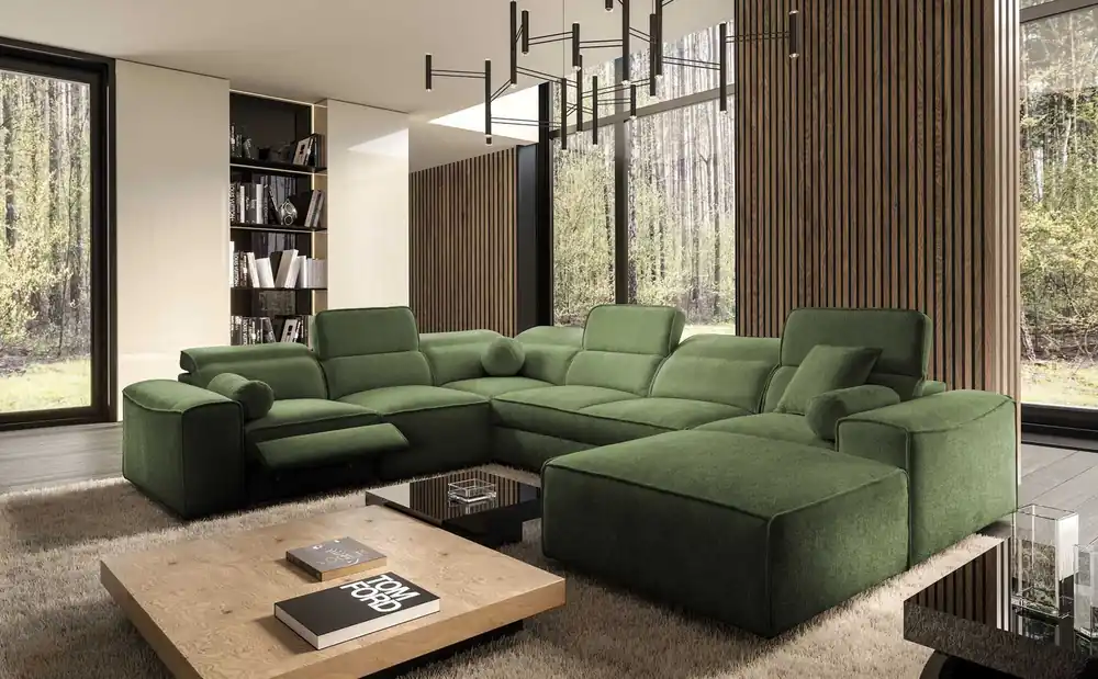 Direktkauf Ecksofa mit Schlaffunktion Viano VIII Lux grün rechts Design-Ecksofa mit ausziehbarem Fußteil Bettzeug-Container