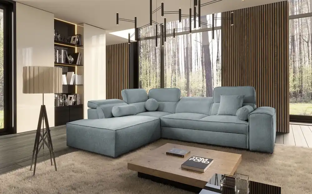 Beliebt Ecksofa mit Schlaffunktion Viano VII grau blau links modisches und stilvolles Ecksofa mit verstellbaren Kopfstützen Zierkissen