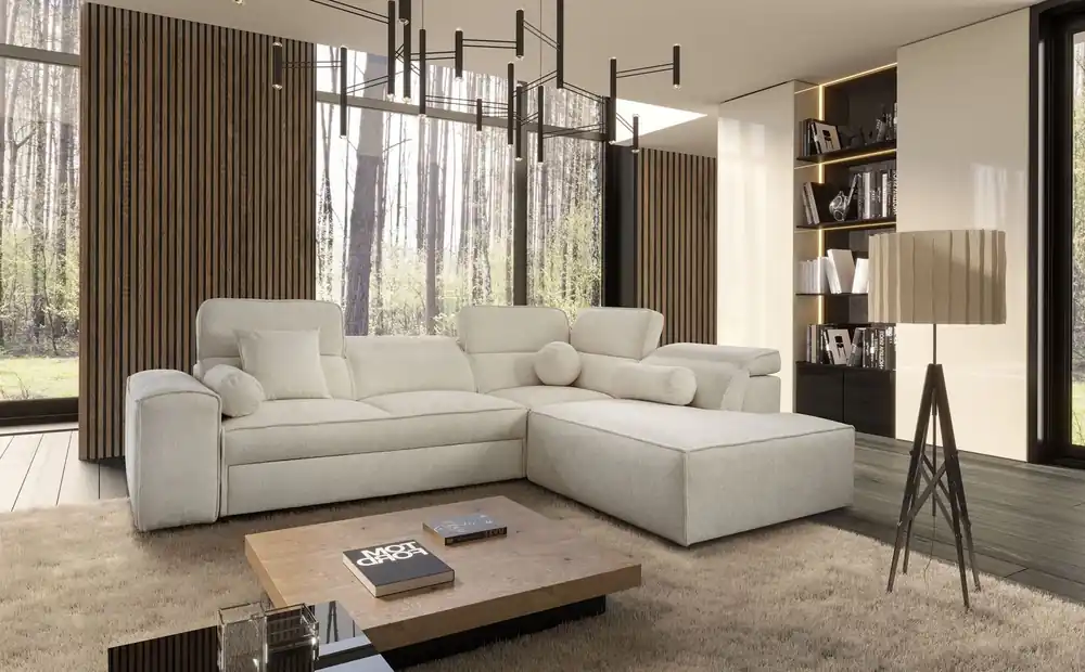 Ecksofa mit Schlaffunktion Viano VII creme rechte Ecke trendy und stilvoll mit verstellbaren Kopfstützen Zierkissen Neuheit