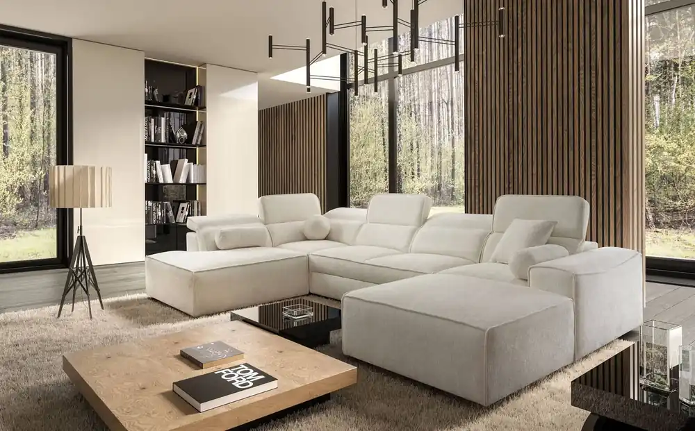 Ecksofa mit Schlaffunktion Viano VI cremefarben rechts Designer-Ecksofa für moderne Einrichtungen zwei Container für Bettzeug Abverkauf
