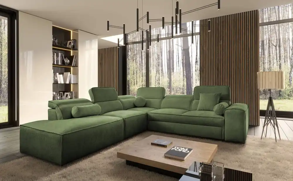 Neu Im Sortiment Ecksofa mit Schlaffunktion Viano IX grün links stilvolles Ecksofa mit Bettzeugcontainern ideales Möbelstück für ein großes Wohnzimmer