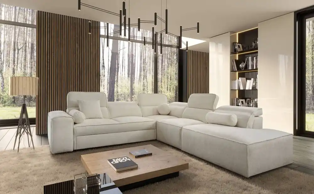 Knallerangebot Ecksofa mit Schlaffunktion Viano IX creme rechts stilvolles Ecksofa mit Bettzeugcontainer ideales Möbelstück für ein großes Wohnzimmer